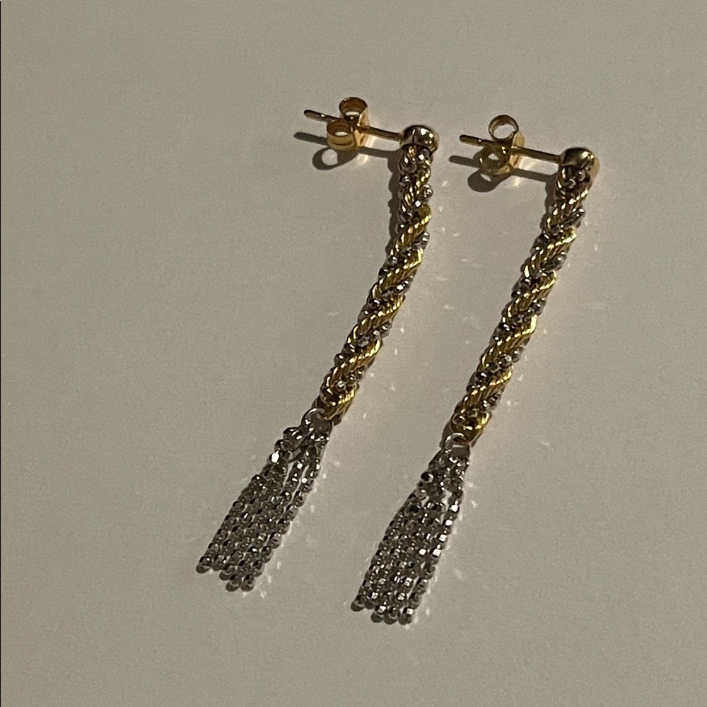 14K Yellow Gold + White Gold Twisted Rope Tassel Earrings, solid gold - Picture 11 of 17